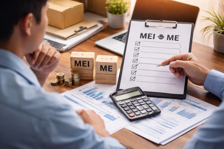 Consultoria contábil orientando empresário sobre a migração de MEI para ME, com análise financeira, documentos e cálculos em escritório.