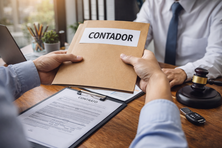 Empresário realizando a troca de contador com segurança, analisando documentos contábeis e contrato com apoio da CSP Contábil São Paulo em Dourados.