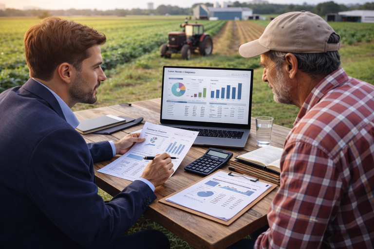 Contabilidade rural em Dourados com profissional da CSP Contábil São Paulo orientando produtor rural na gestão financeira da propriedade.