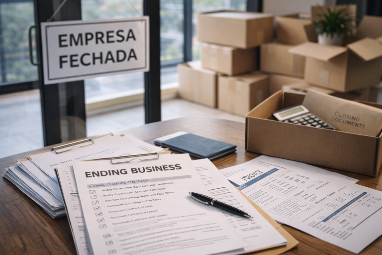Ambiente corporativo representando o encerramento de empresa, com documentos organizados e preparação contábil conduzida pela CSP Contábil São Paulo em Dourados.